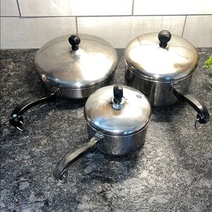 Vintage Farberware Stainless Steel Aluminum Clad Cookware Set with Black Handles